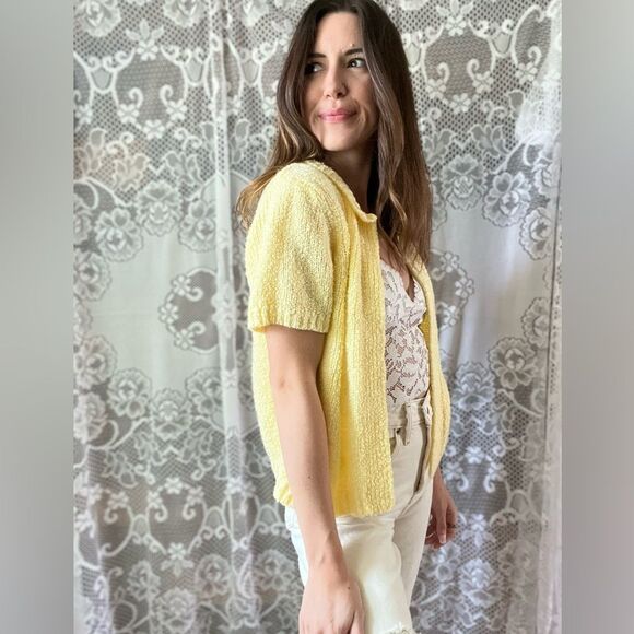 Vintage LeRoy Knitwear Acrylic Open Front Short Sleeve Yellow Cardigan - Picture 5 of 13
